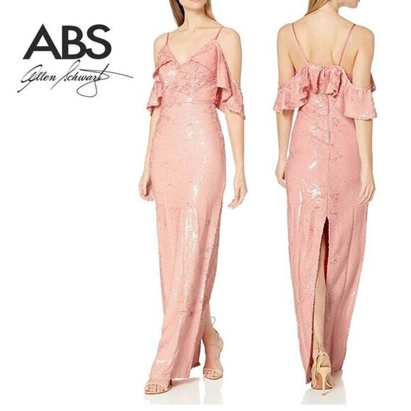 A.B.S Alan Shwartz Peach Pink All Sequin Off The Shoulder MAxi Gown 10 - Picture 1 of 7